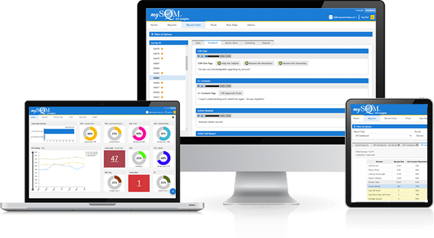 a computer, tablet and phone with mySQM FCR Insights on it